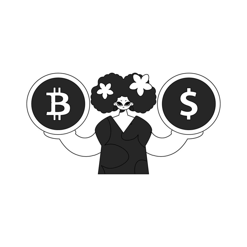 A unique woman holds a bitcoin and dollar coin in her hands. Newspaper black and white style. vector