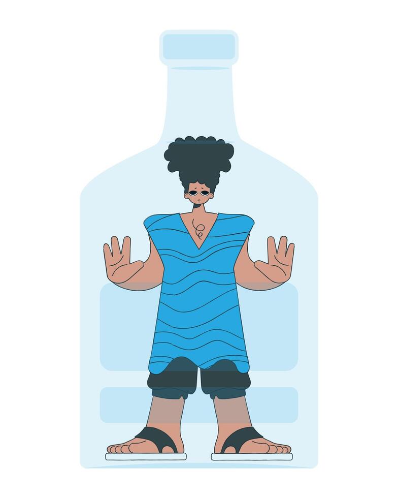 A man is a hostage inside a bottle. Alcoholism and addiction. vector