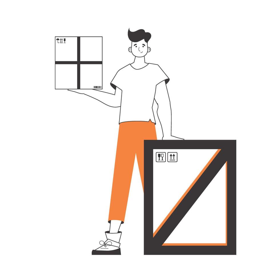 The guy is holding a package. The concept of the delivery of goods and parcels. Linear trendy style. Isolated on white background. Vector illustration.