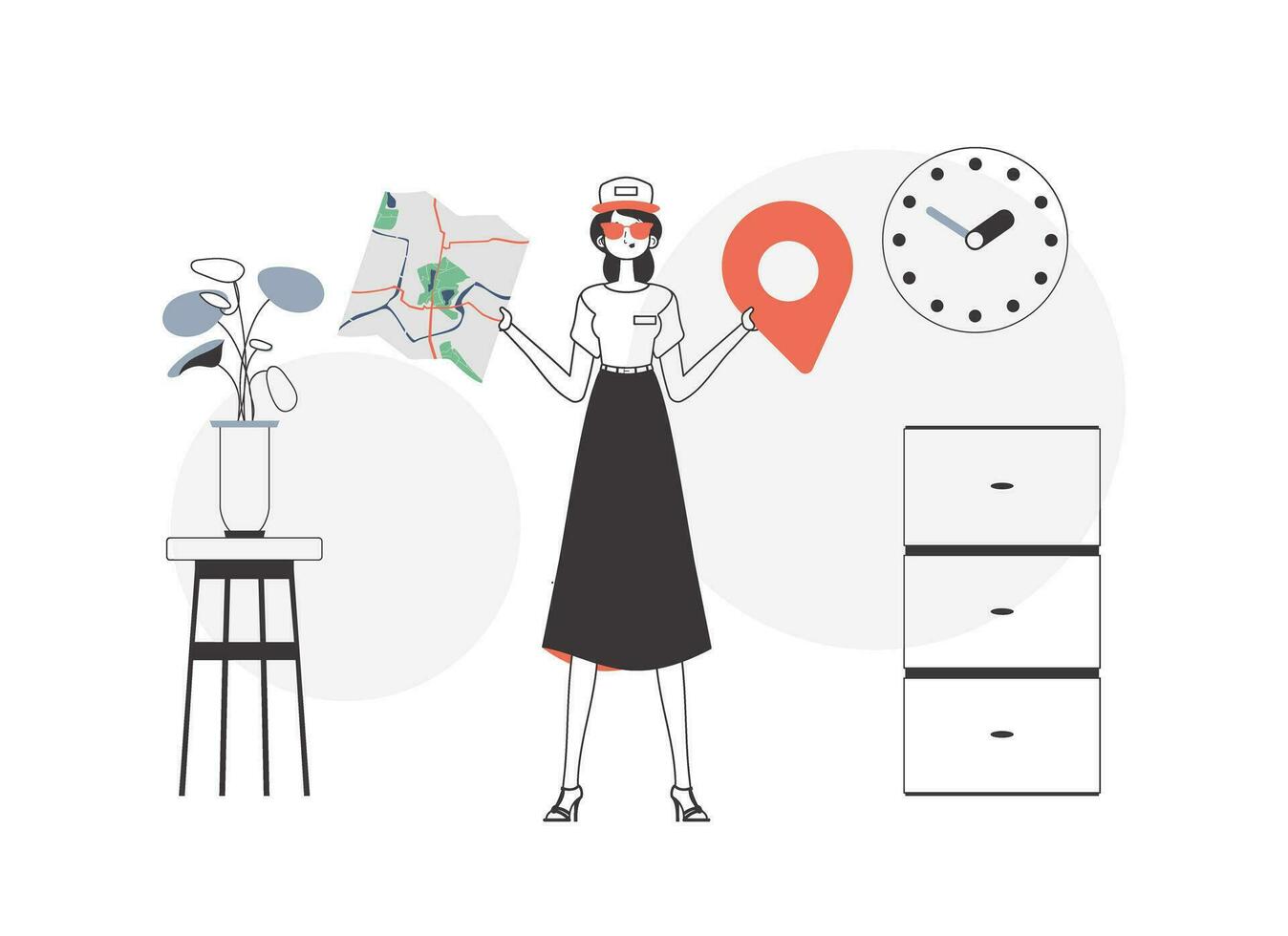 A woman with a map in her hands. Delivery concept. Linear style. vector