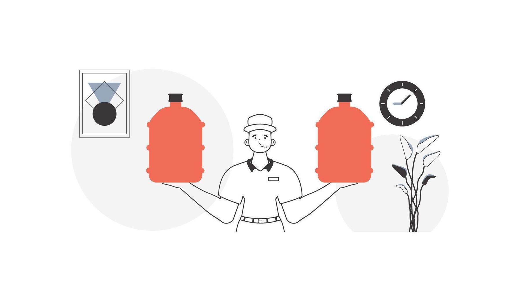 A man holds a bottle of water in his hands. Water delivery concept. Linear modern style. vector