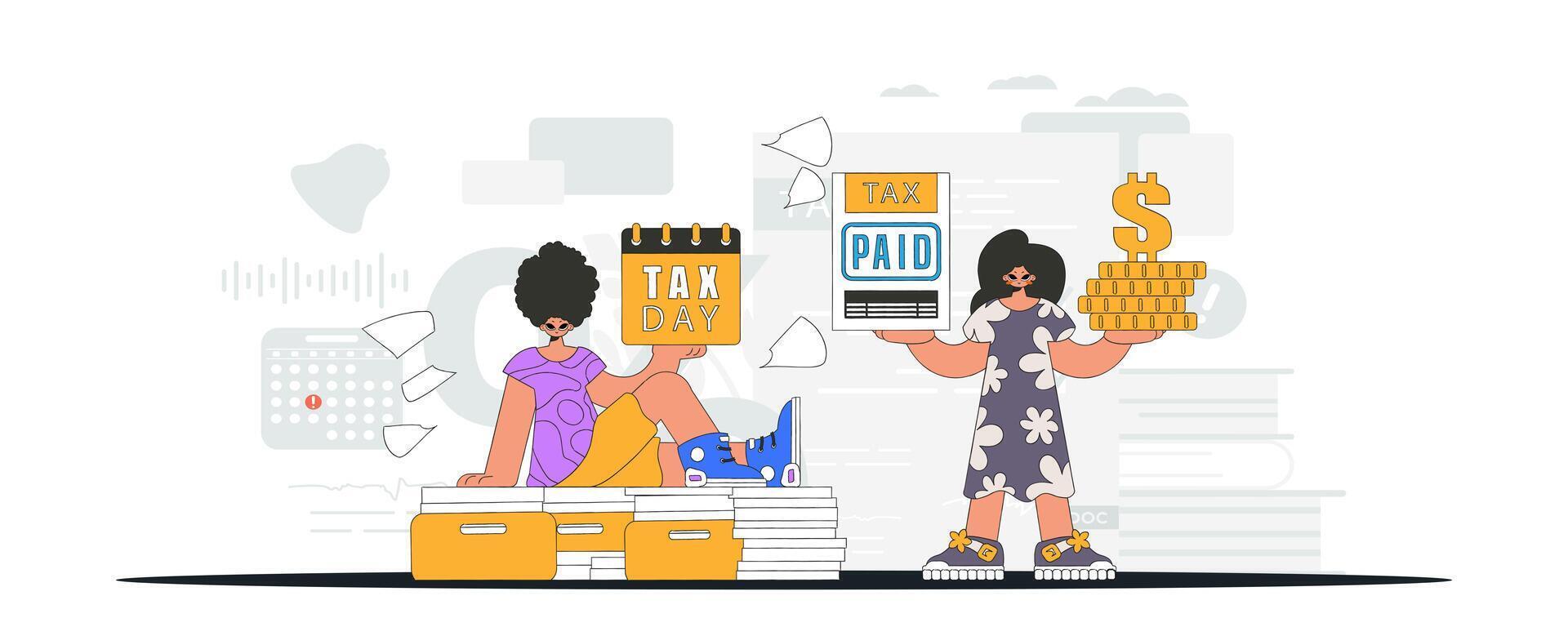 An elegant girl and a guy are engaged in paying taxes. Graphic illustration on the theme of tax payments. vector