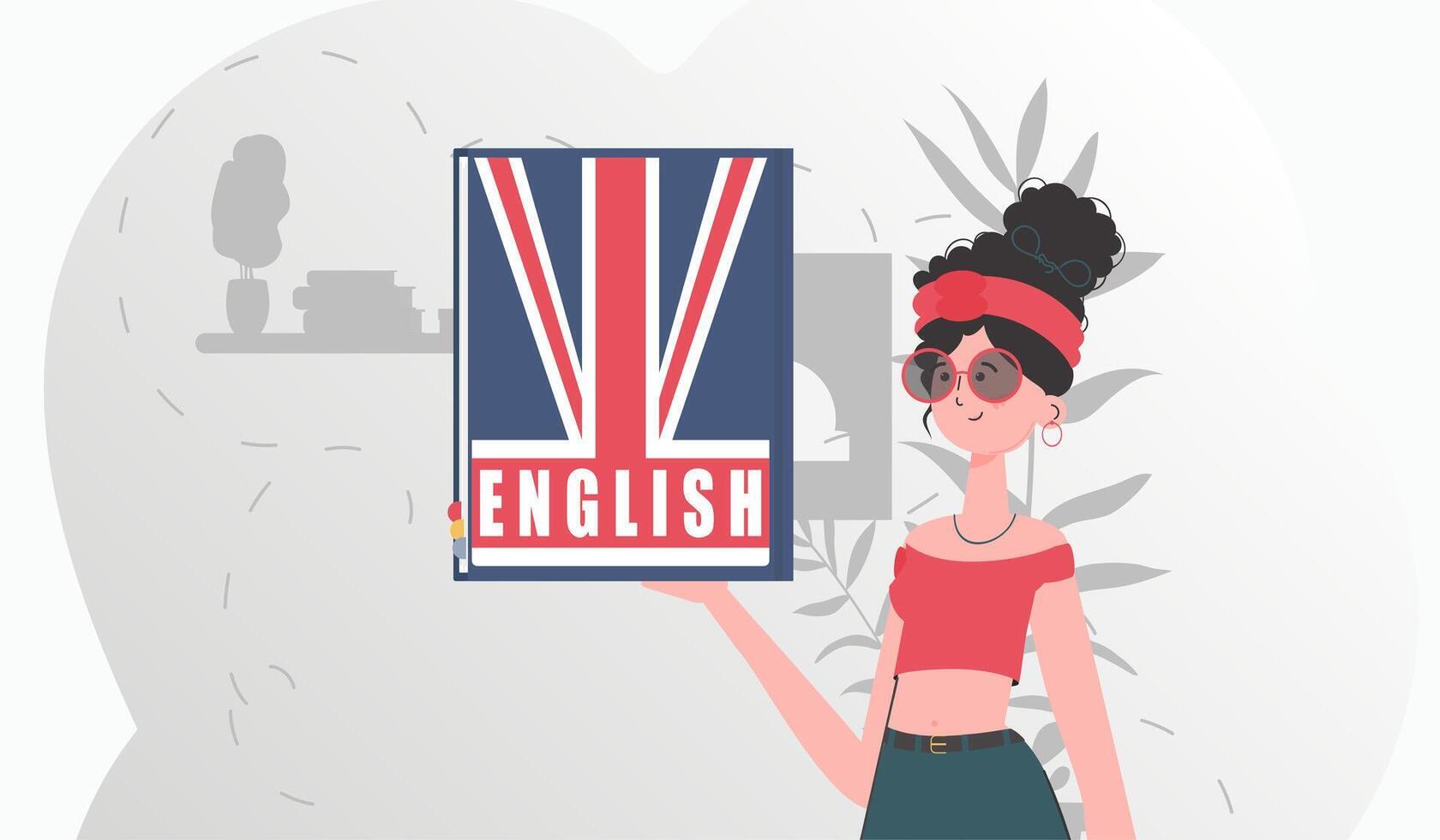 The concept of learning English. A woman holds an English dictionary in her hands. Trendy cartoon style. illustration. vector