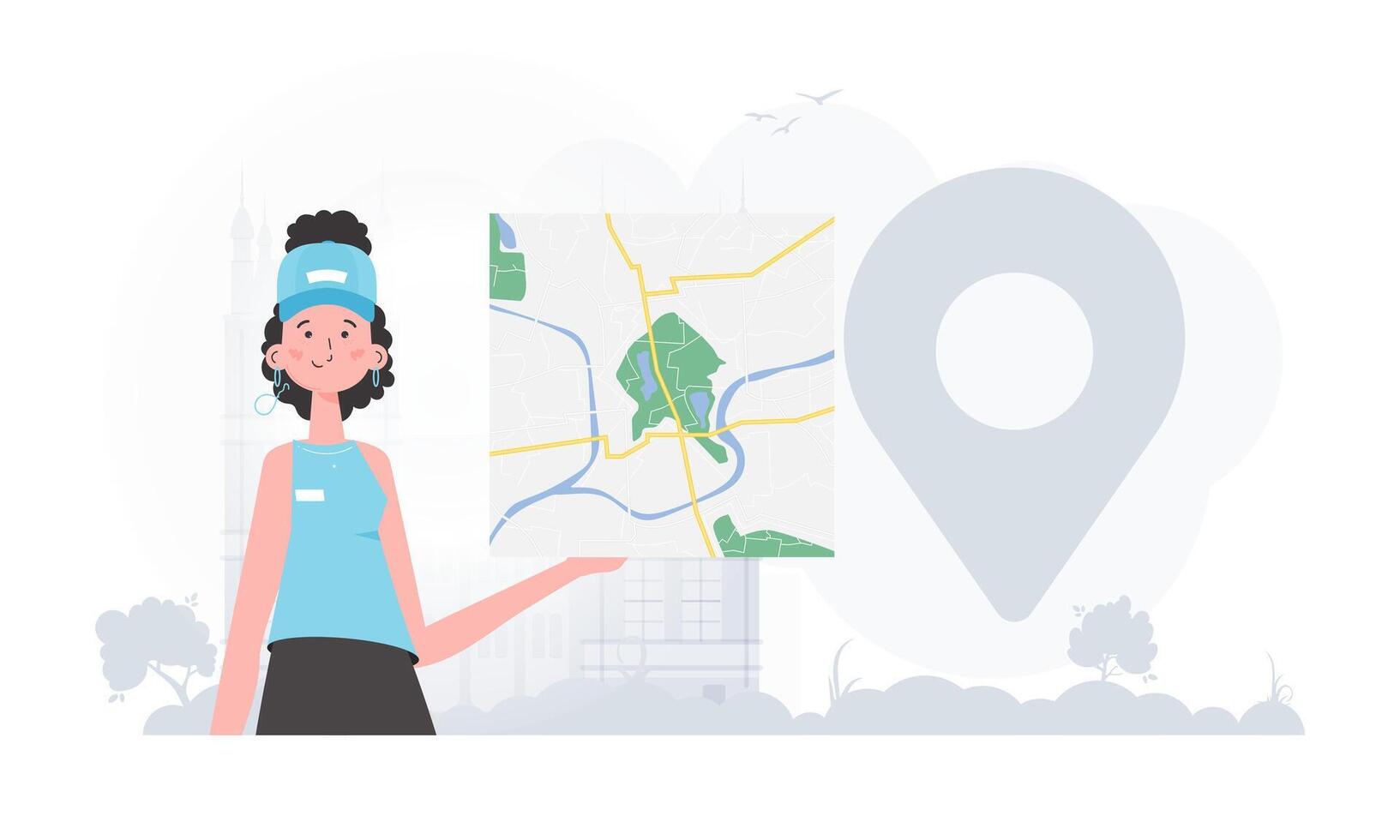 Delivery concept. The girl is holding a map. The stylish character is depicted to the waist. Vector illustration.