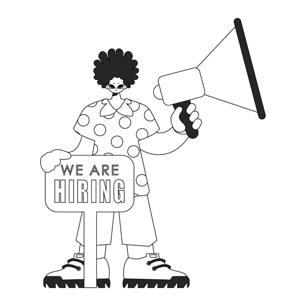 A trained HR specialist man holds a megaphone in his hands. HR topic. Linear black and white style. vector