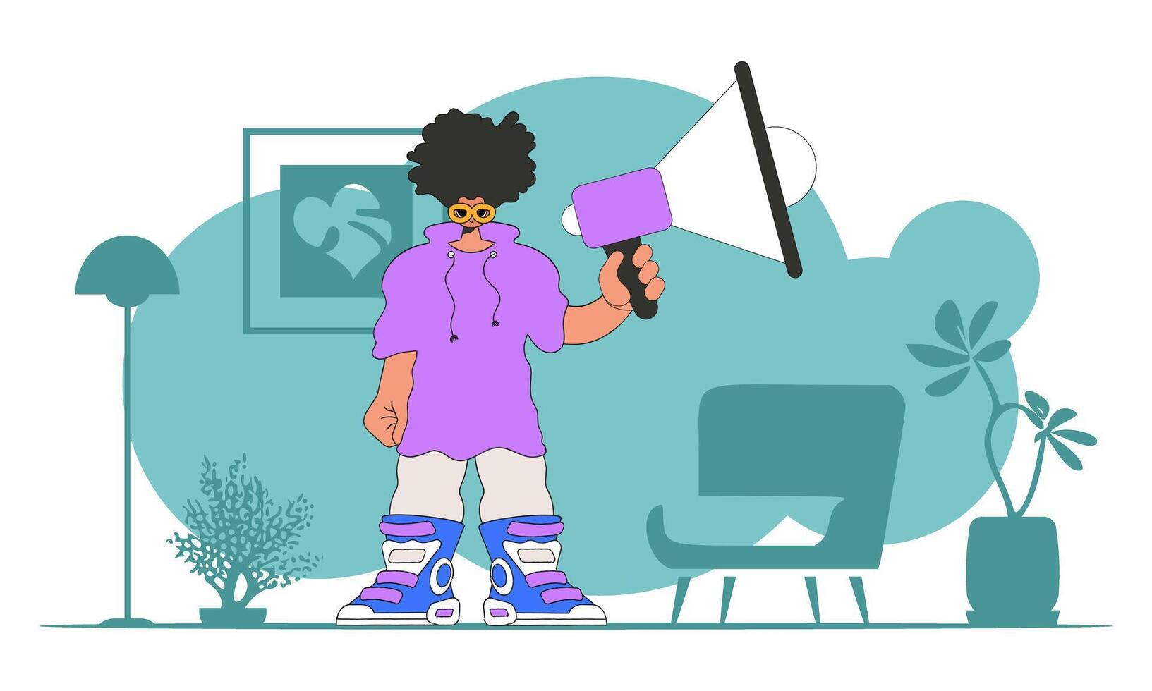 Topic Engagement of employees. A guy with a megaphone, symbolizing the search for people in the labor market. vector