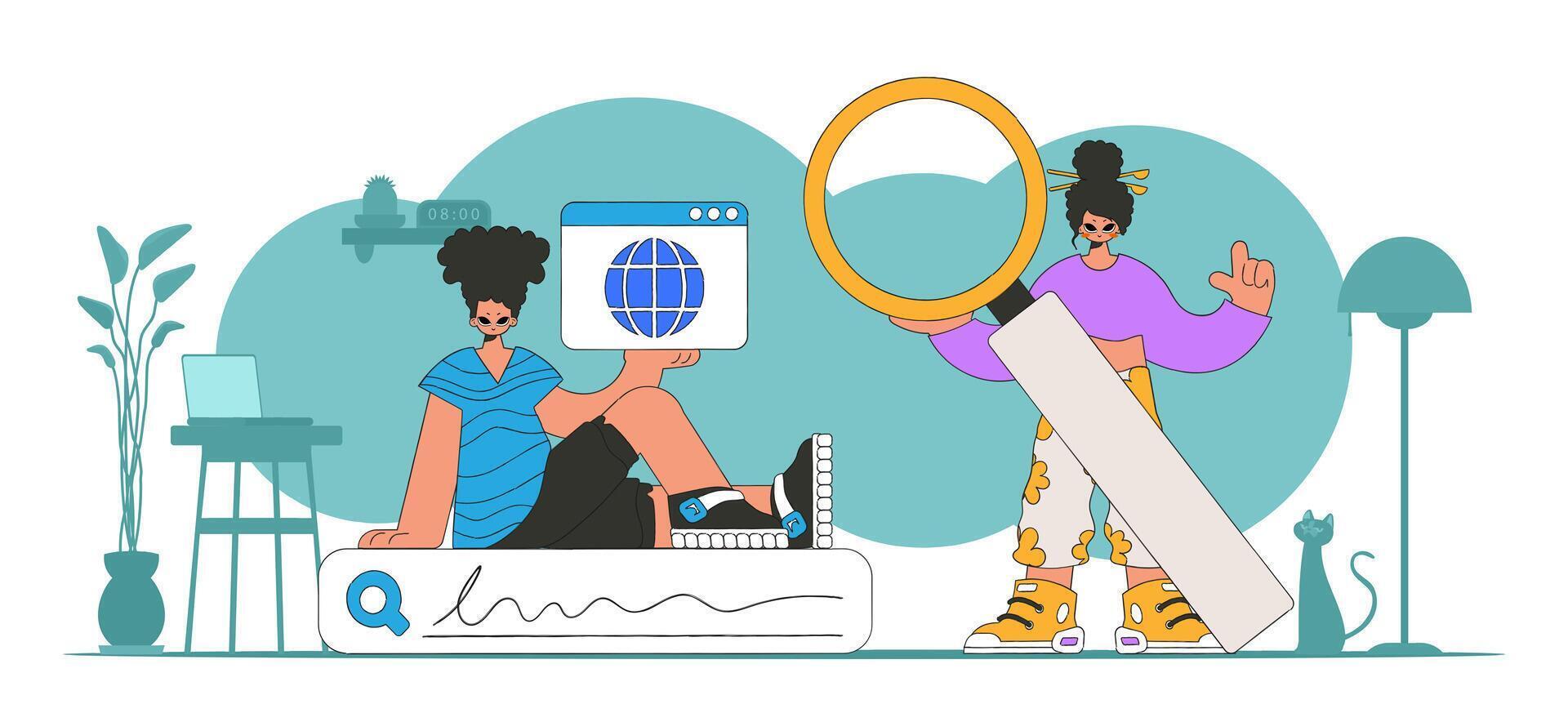 A bright and stylish illustration of a man and a woman looking for information. Modern character style. vector