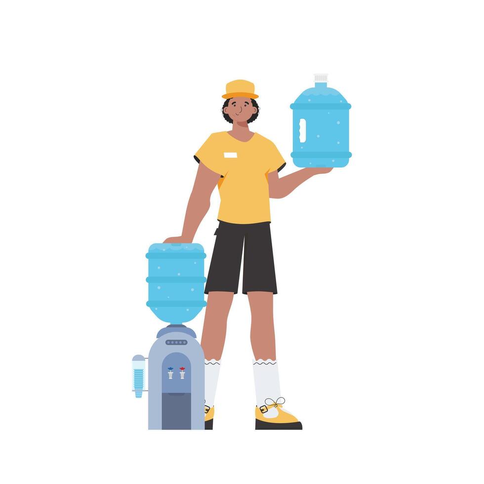 A man is holding a bottle of water. Delivery concept. The trendy character is depicted in full growth. Isolated on white background. . vector
