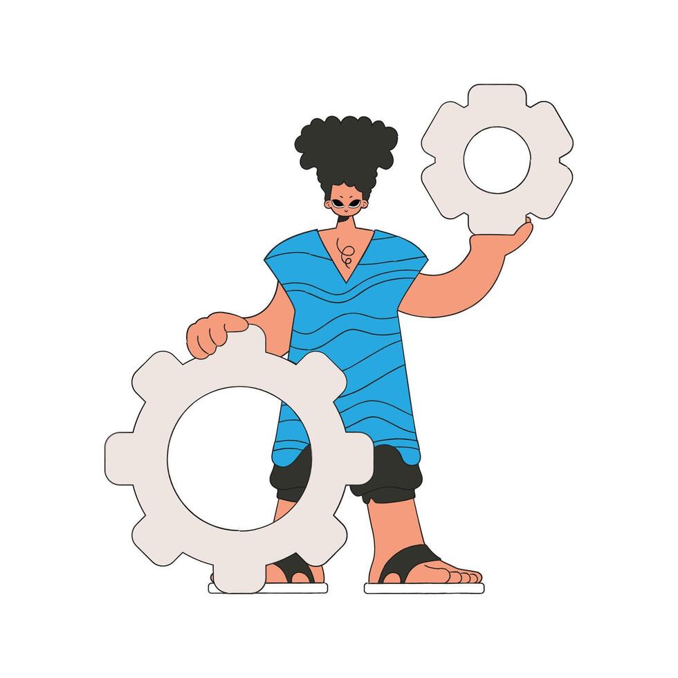 Gorgeous man holding gears. Idea theme. vector