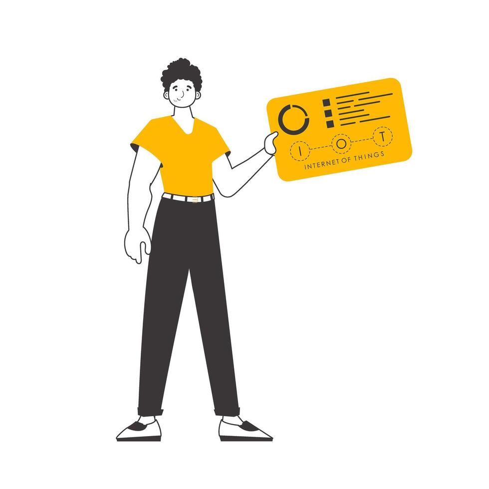 The guy holds the IOT logo in his hands. Linear trendy style. Isolated on white background. Vector illustration.