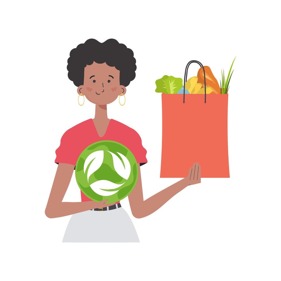 The girl is depicted waist-deep and holds a bag of healthy food in her hands and shows the EKO icon. Isolated on white background. Trend style, vector illustration.