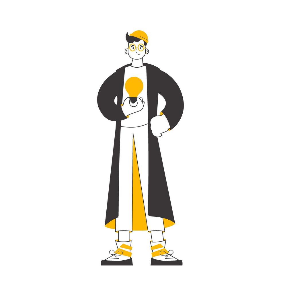 Man and light bulb. Idea concept. . Isolated. Linear trendy style. vector