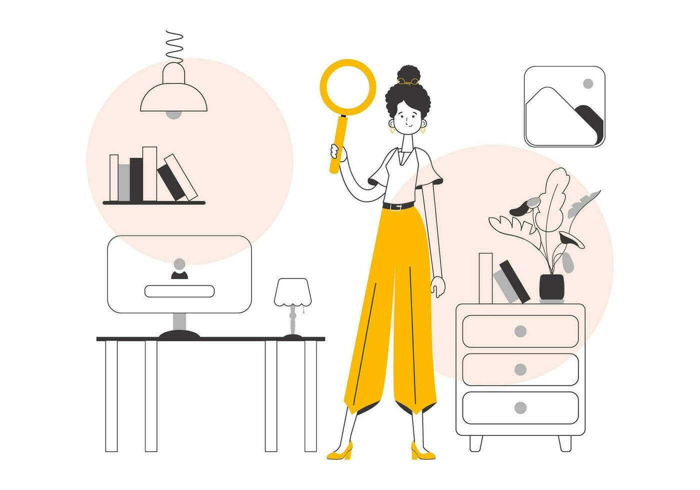 The girl is holding a magnifying glass in her hands. Search concept. Linear trendy style. Vector illustration.