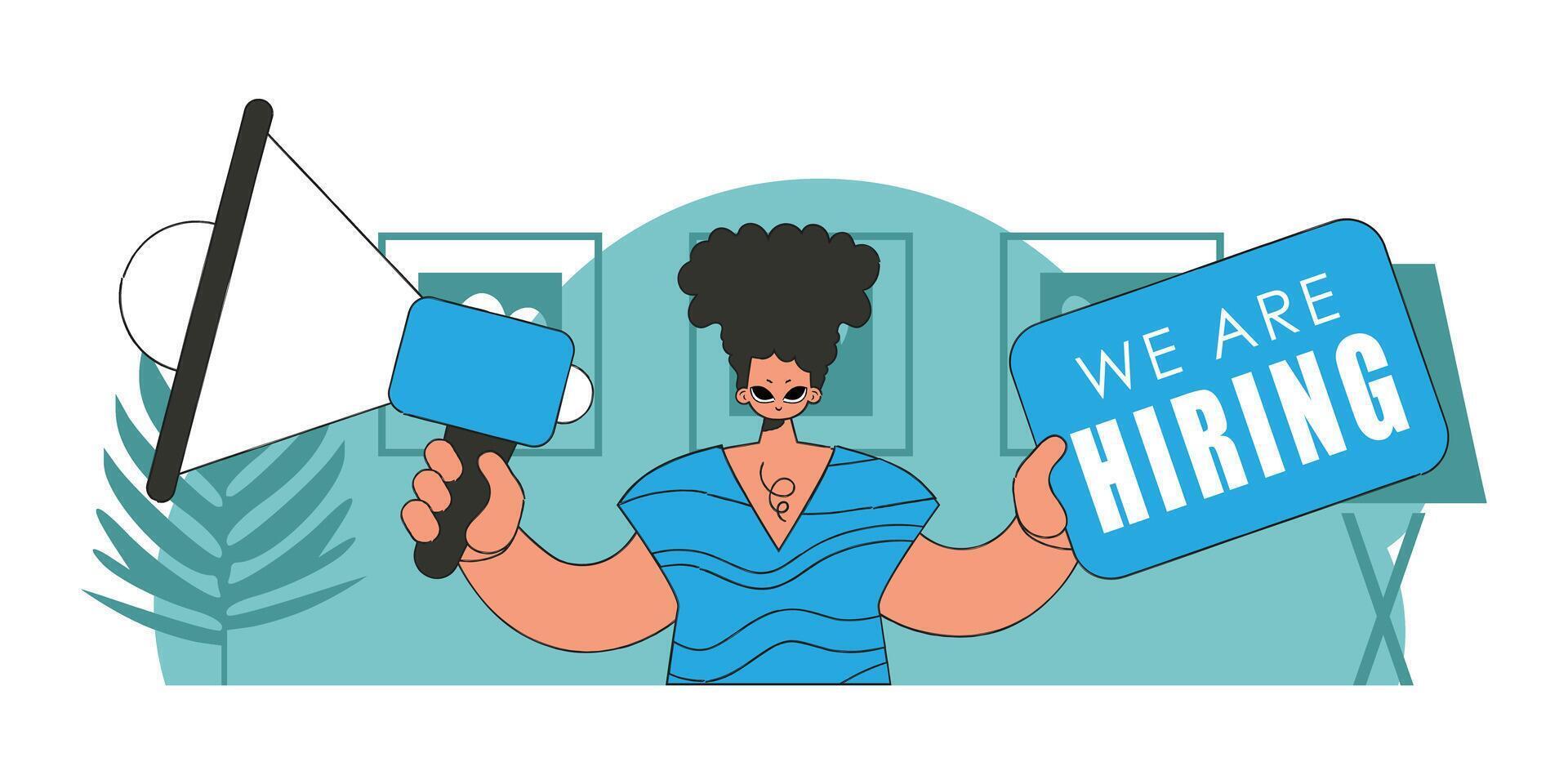 Topic Recruitment and search for personnel. A man holds a megaphone in his hands. vector
