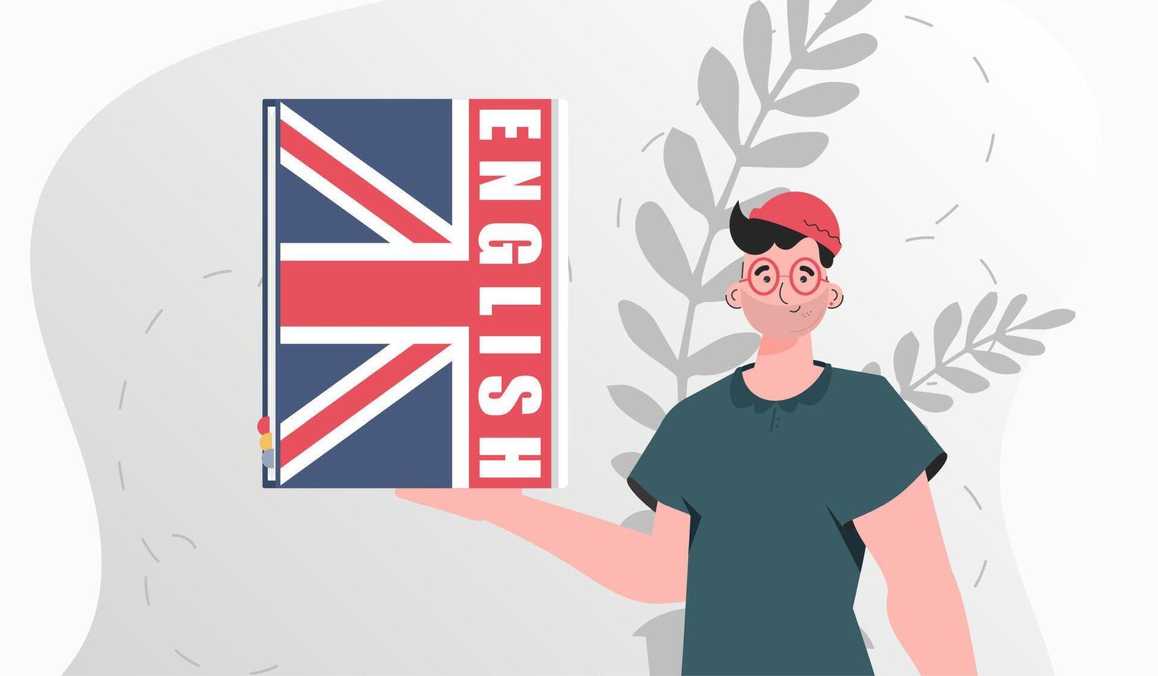 The concept of learning English. A man holds an English dictionary in his hands. trendy style. Vector illustration.