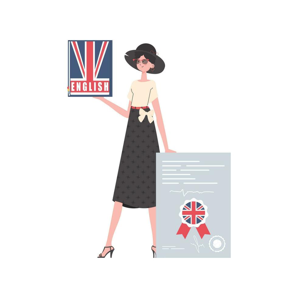 un mujer sostiene un Inglés diccionario y un certificado en su manos. el concepto de aprendizaje inglés. aislado. de moda plano estilo. vector ilustración.