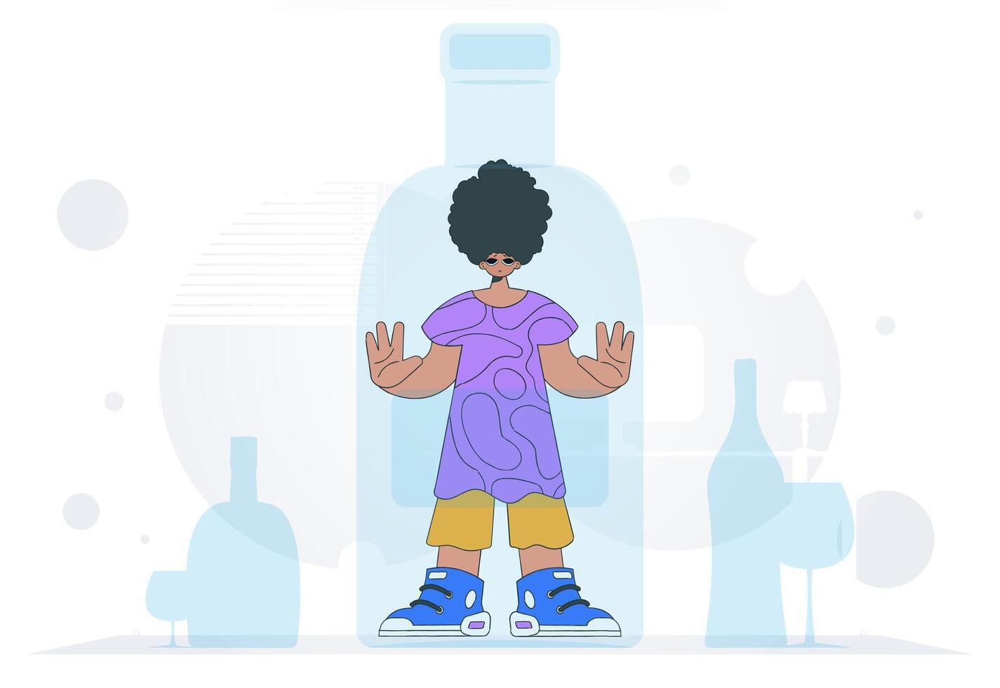 The concept of alcohol addiction. The man is inside the bottle. vector