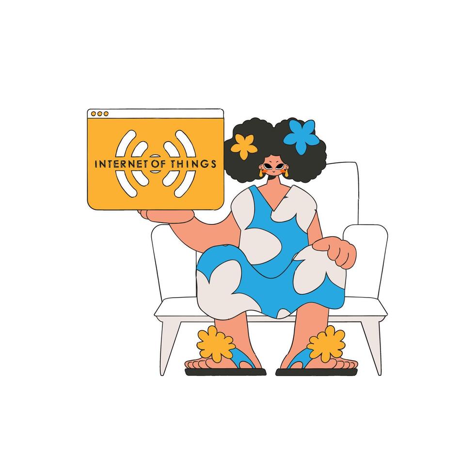 The girl is grasping the Internet of Things logo in her hands. vector