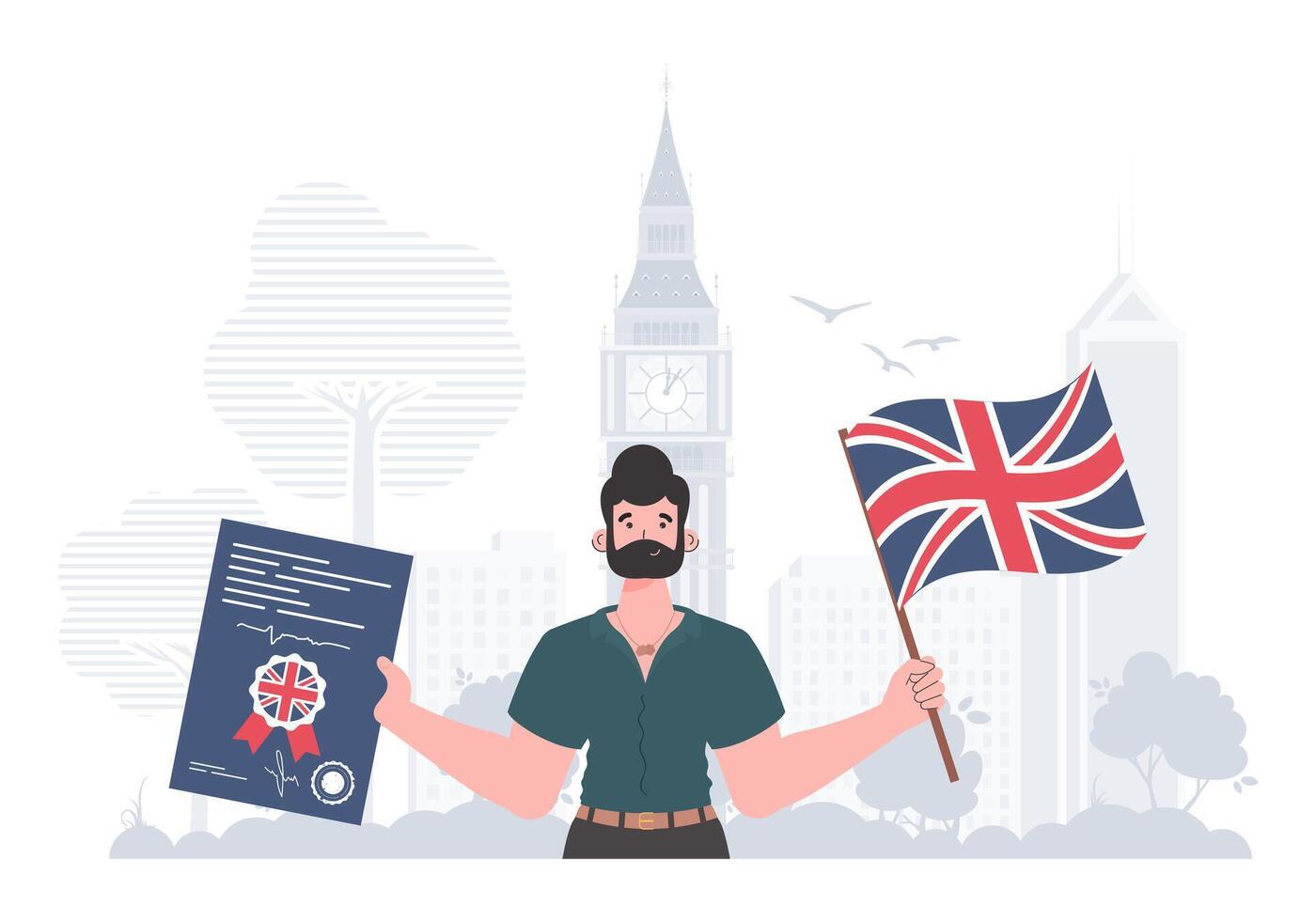 The concept of teaching English. Male teacher shows that it's time to learn English. trendy style. . vector