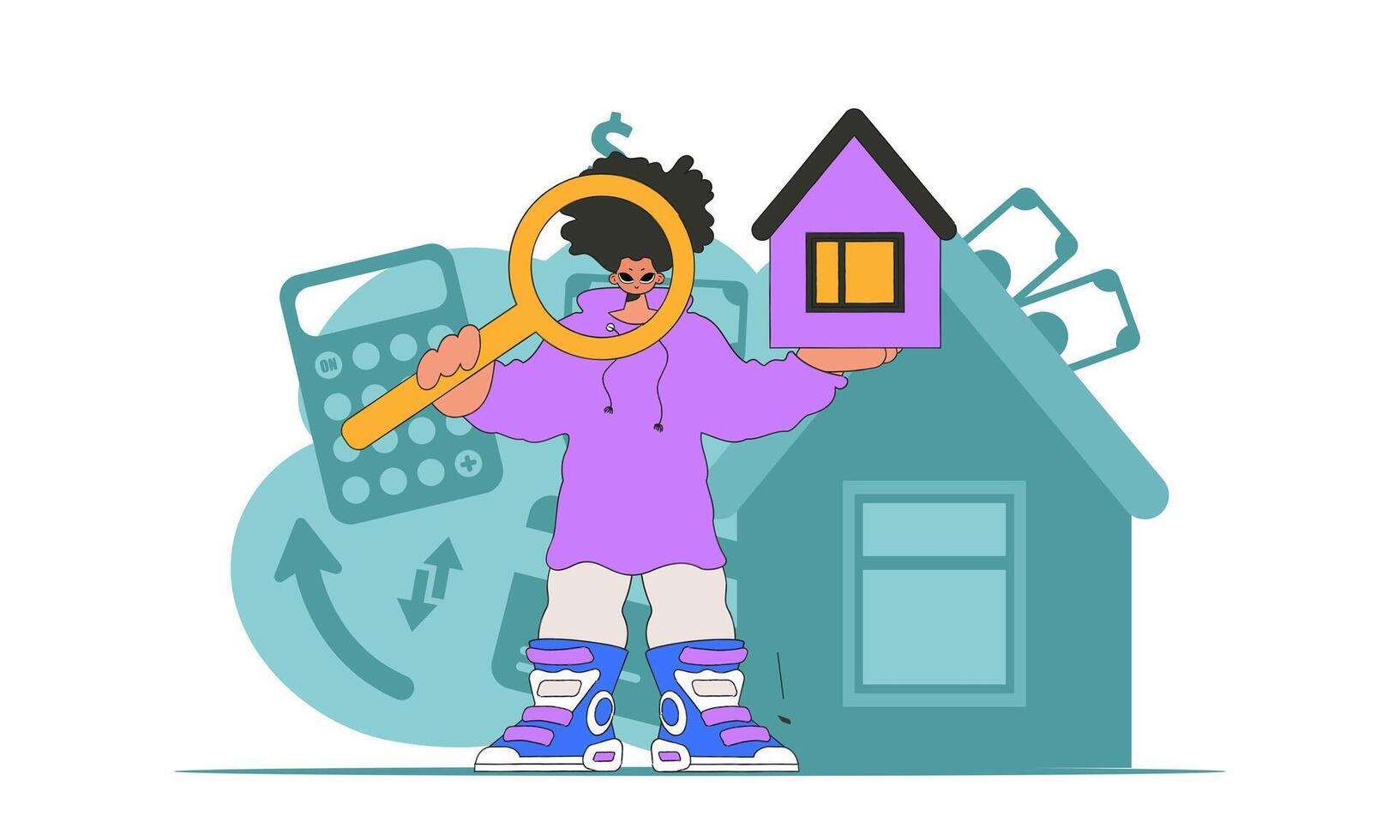 The concept of home ownership. Guy realtor sells a house. vector