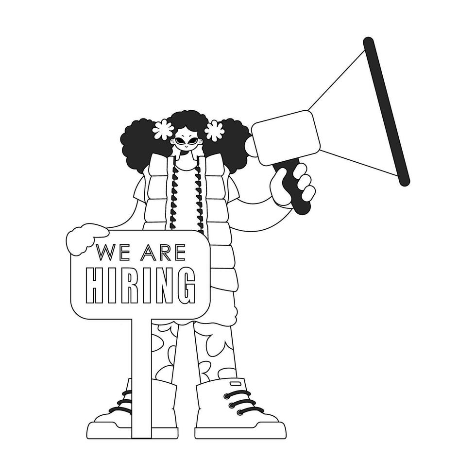 Adept HR specialist woman holding a megaphone in her hands. HR topic. Linear black and white style. vector