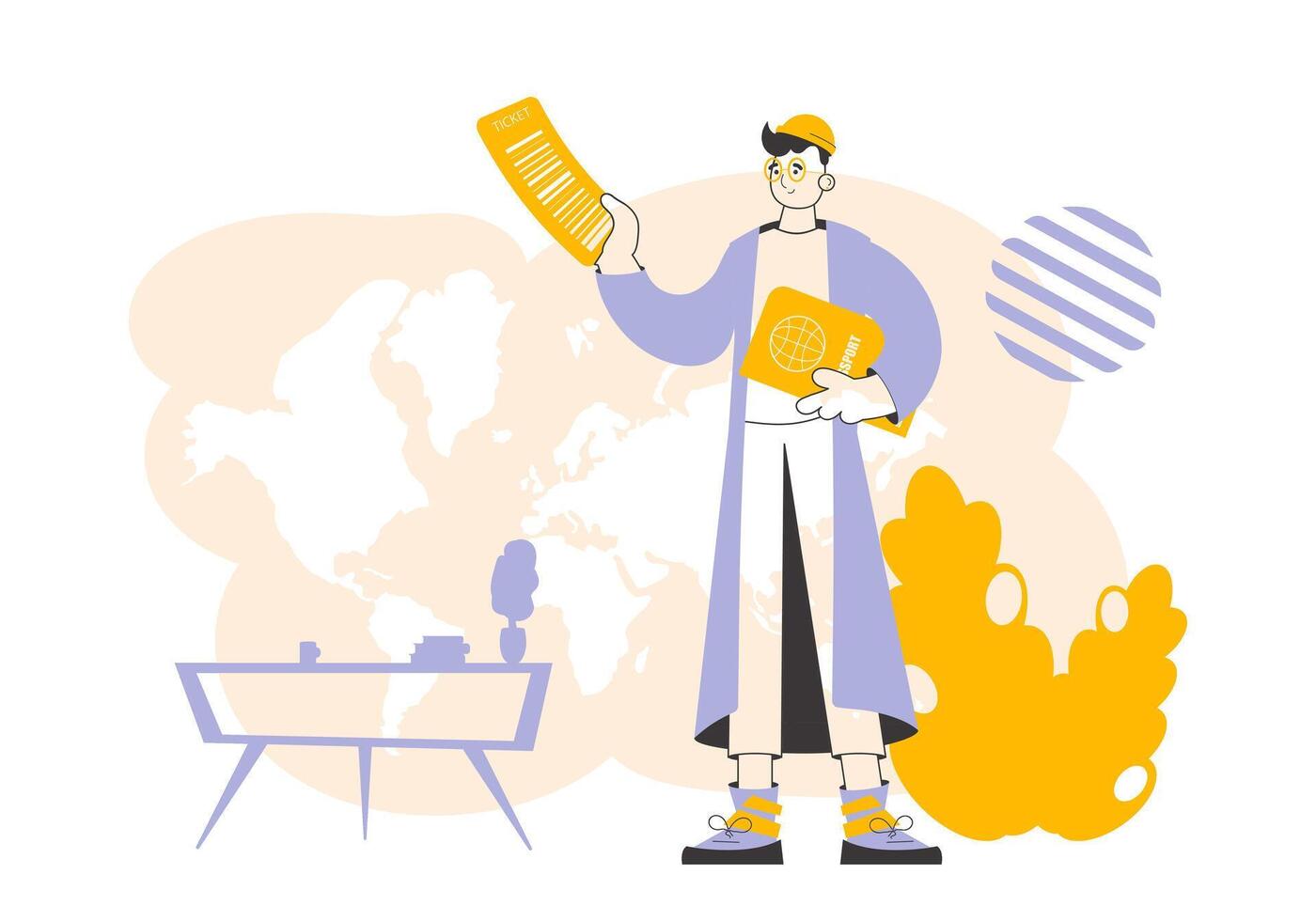 The guy is holding a ticket and a passport. Travel theme. Linear modern style. vector