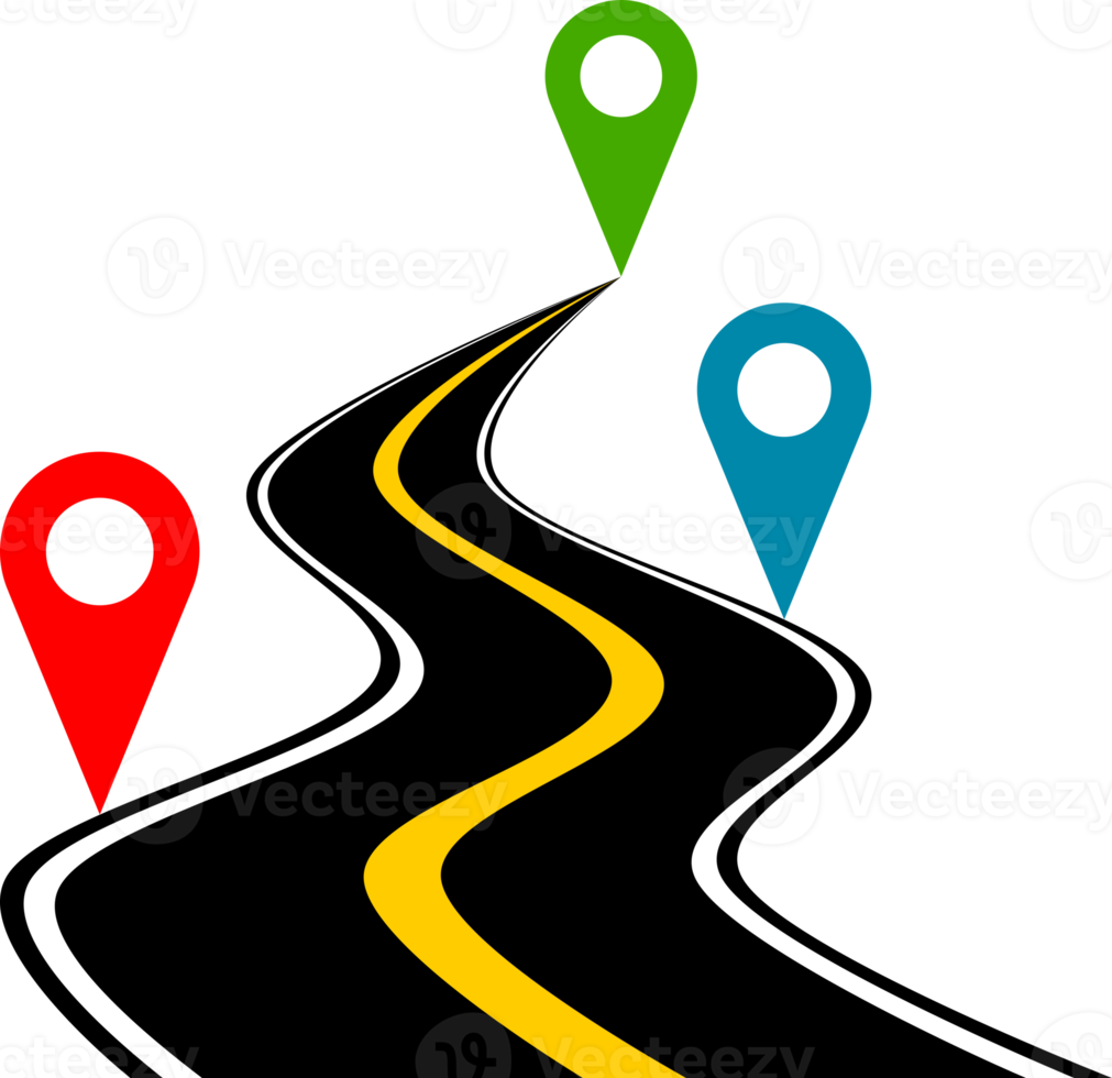 Black asphalt winding road with location pin icon png