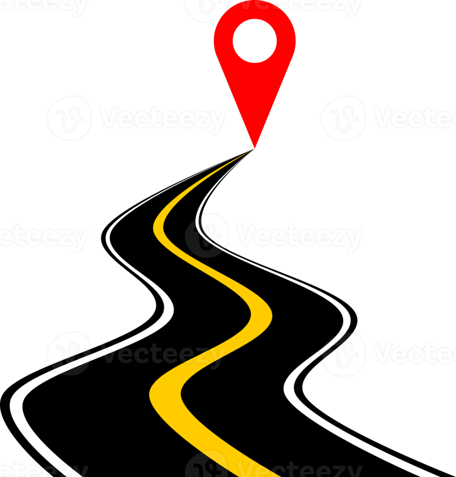 zwart asfalt kronkelend weg met rood plaats pin icoon png