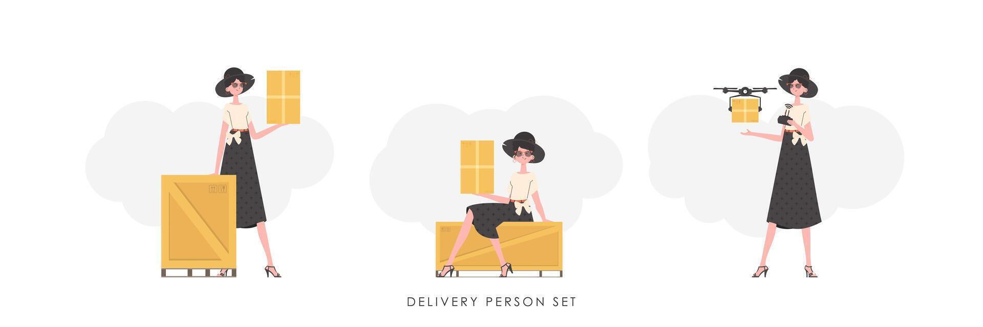 Set of a girl with a box and a parcel. The concept of cargo delivery. Trendy cartoon style. . vector