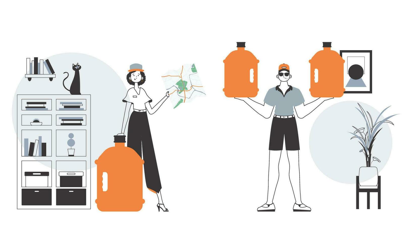 Water delivery concept. A guy and a girl deliver water on order. Linear modern style. vector