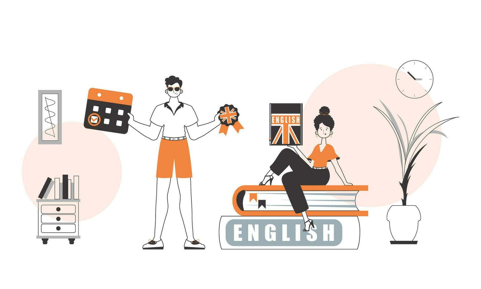Guy and girl English teacher. The concept of learning a foreign language. Linear trendy style. vector