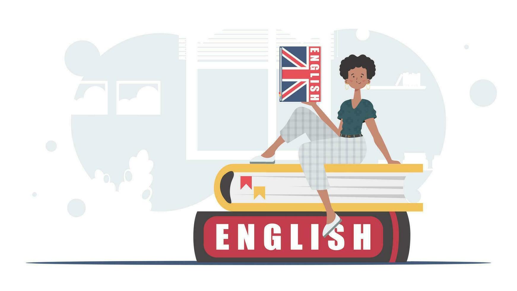 el concepto de enseñando inglés. un mujer se sienta en libros y sostiene un Inglés diccionario en su manos. de moda estilo. vector ilustración.