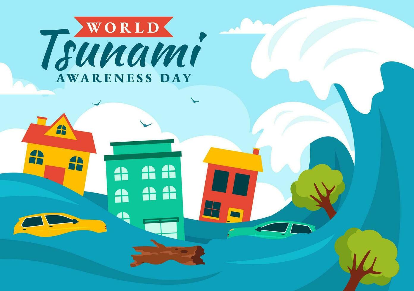 mundo tsunami conciencia día vector ilustración en 5 5 noviembre con olas golpear casas y edificio paisaje en plano dibujos animados antecedentes plantillas