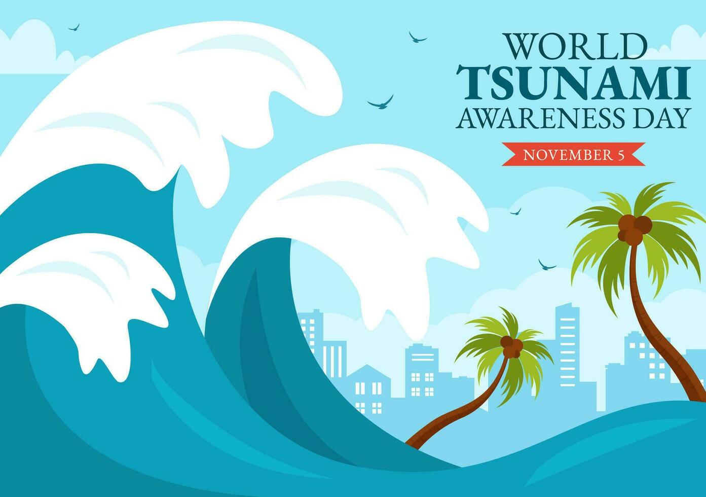 mundo tsunami conciencia día vector ilustración en 5 5 noviembre con olas golpear casas y edificio paisaje en plano dibujos animados antecedentes plantillas