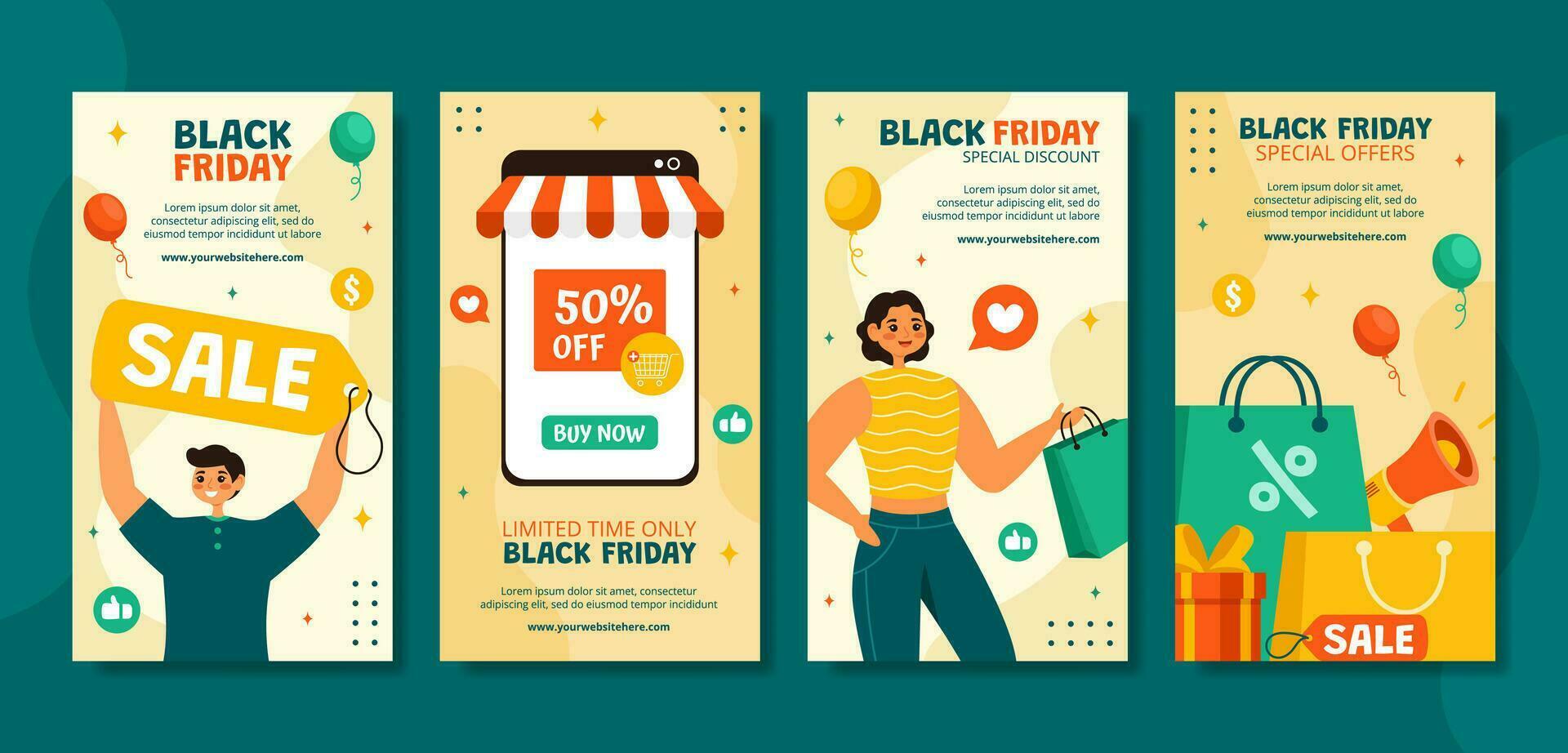 Black Friday Sale Event Social Media Stories Cartoon Hand Drawn Templates Background Illustration vector