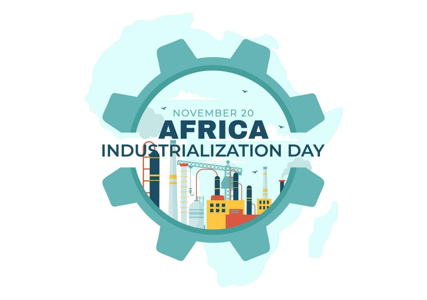 African Industrialization Day Vector Illustration of Factory Building Operating with Chimneys in the Center of the City in Flat Cartoon Background