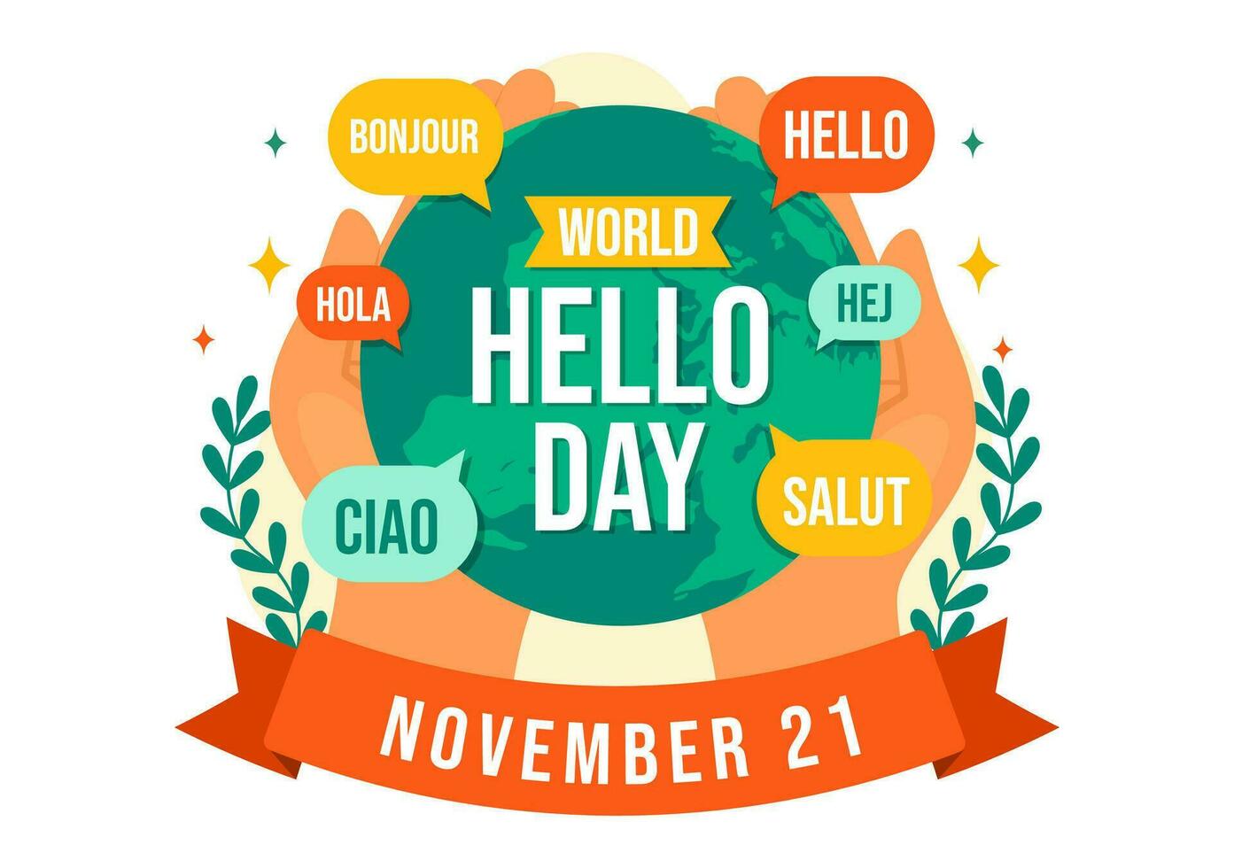 mundo Hola día vector ilustración en noviembre 21 de habla burbujas con diferente idiomas desde todas terminado el país en plano dibujos animados antecedentes