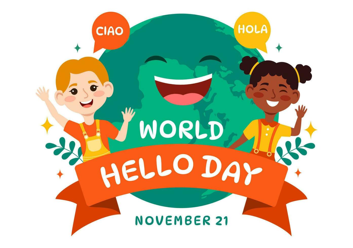 mundo Hola día vector ilustración en noviembre 21 de habla burbujas con diferente idiomas desde todas terminado el país en plano dibujos animados antecedentes