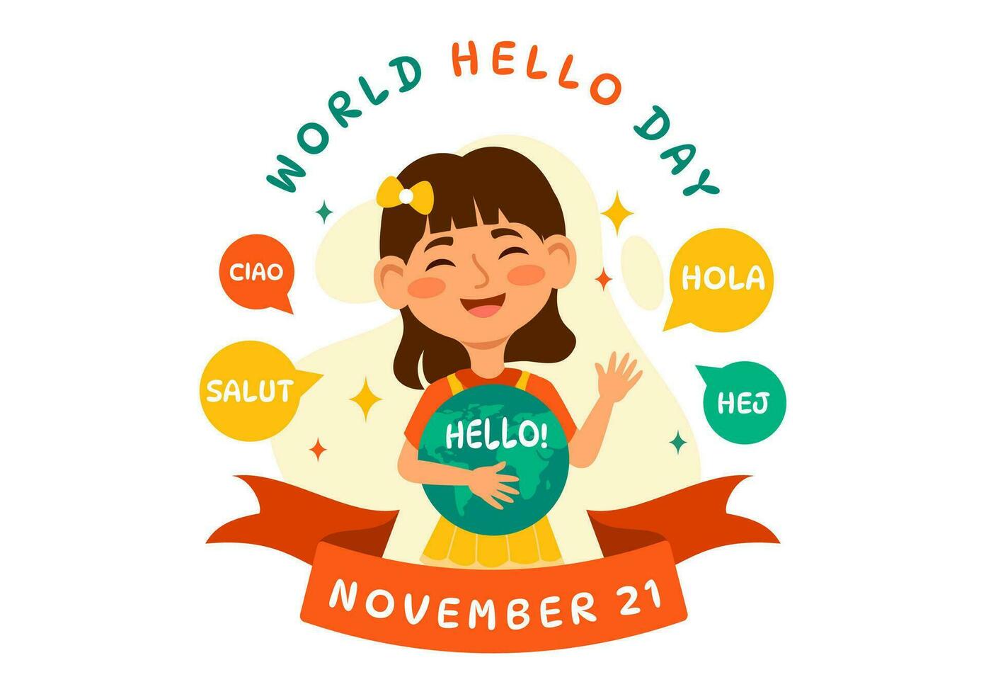 mundo Hola día vector ilustración en noviembre 21 de habla burbujas con diferente idiomas desde todas terminado el país en plano dibujos animados antecedentes