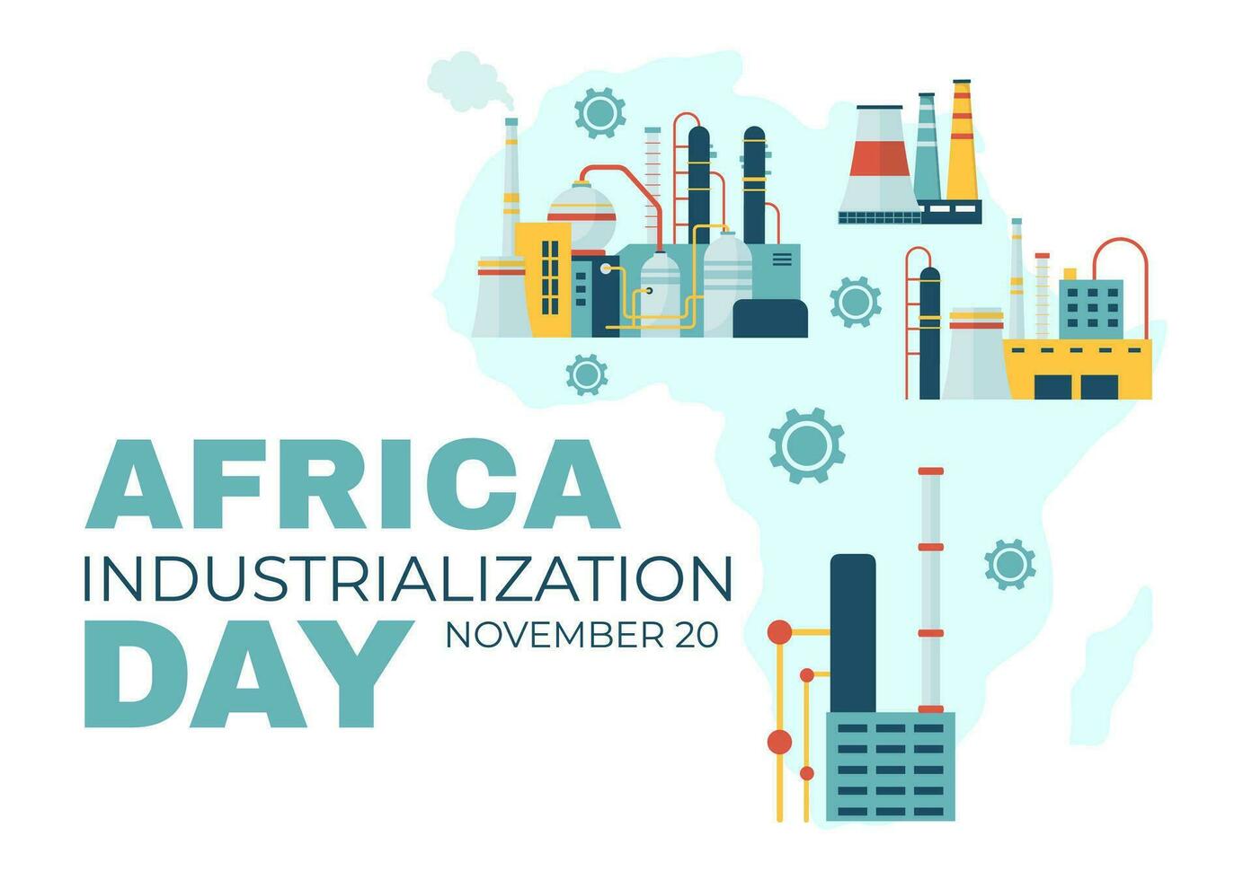African Industrialization Day Vector Illustration of Factory Building Operating with Chimneys in the Center of the City in Flat Cartoon Background