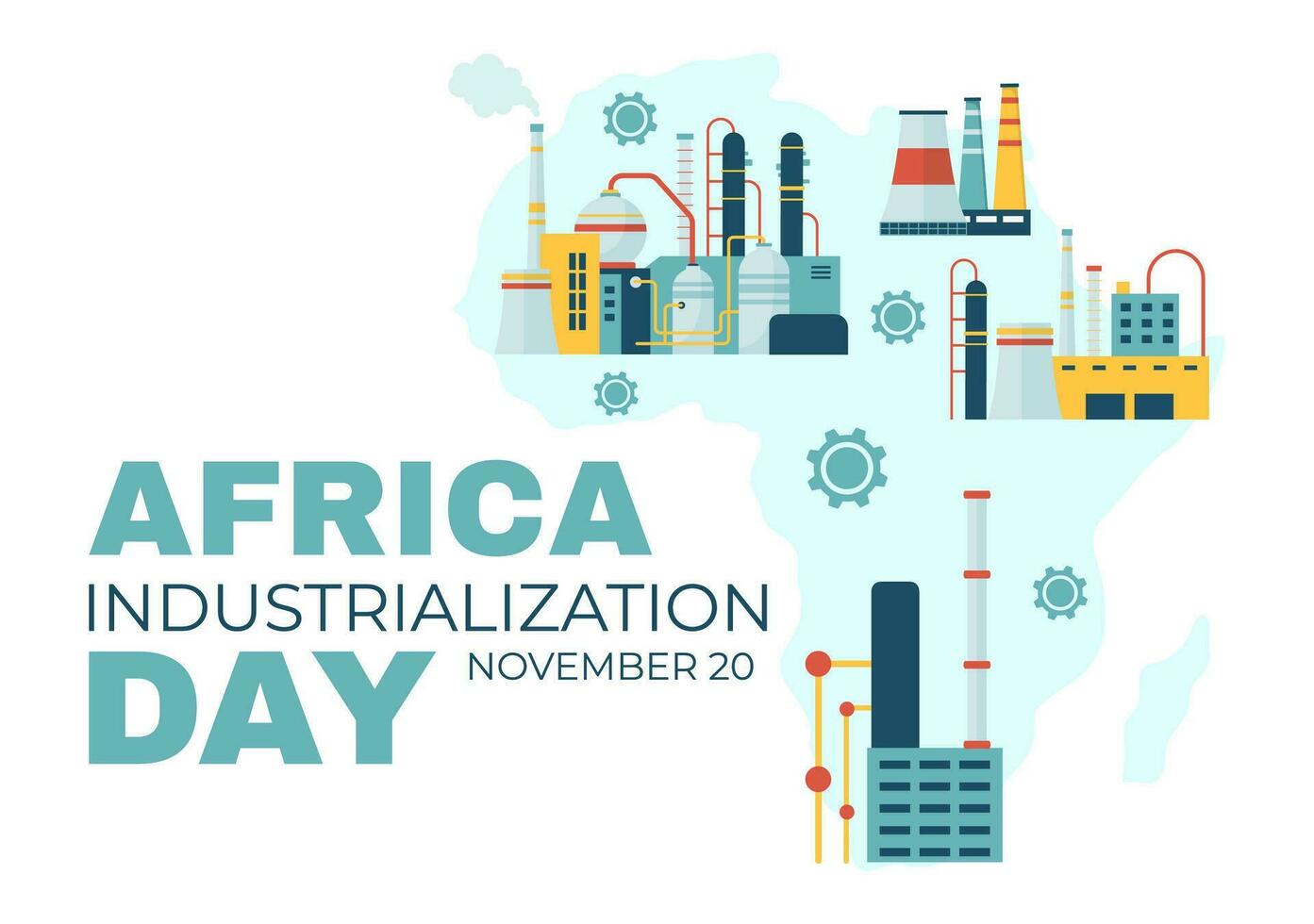 africano industrialización día vector ilustración de fábrica edificio operando con chimeneas en el centrar de el ciudad en plano dibujos animados antecedentes