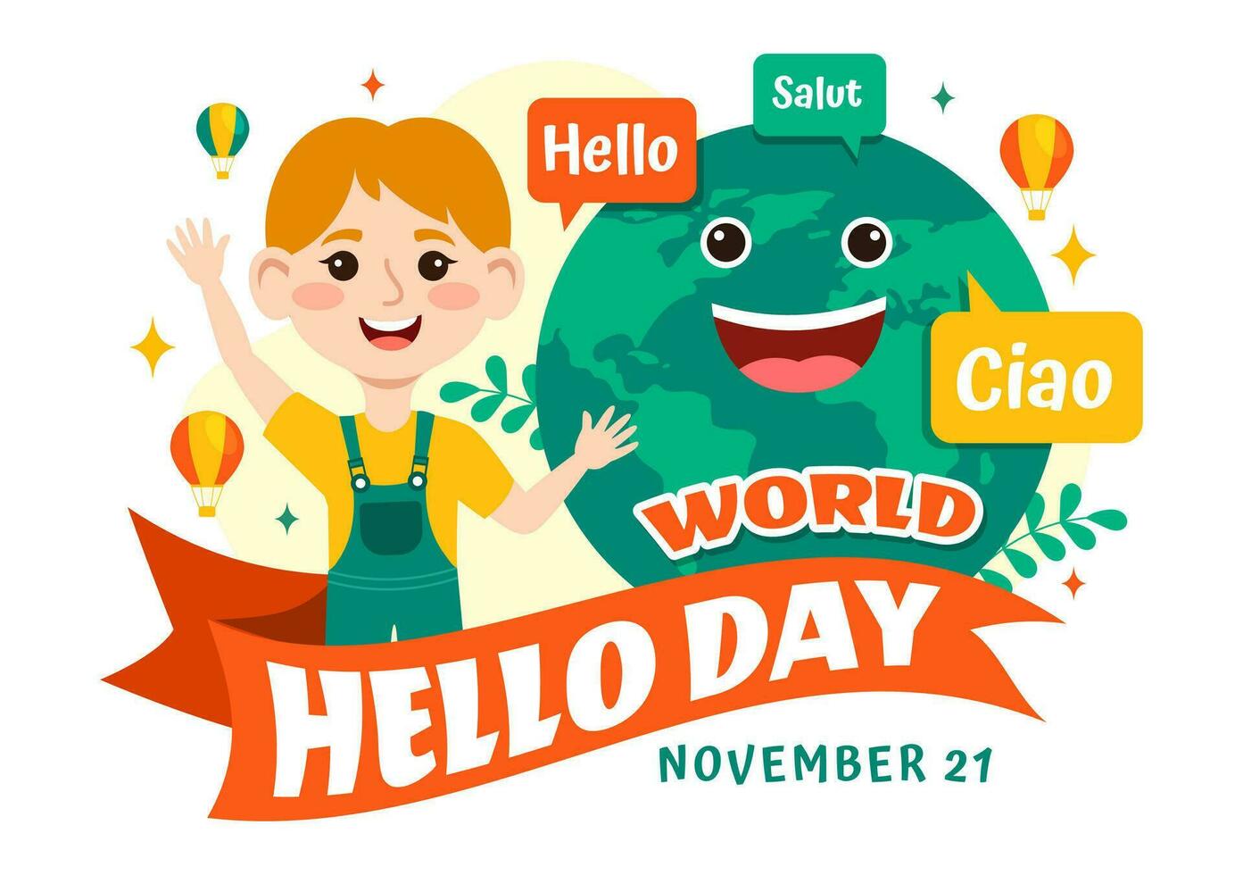 mundo Hola día vector ilustración en noviembre 21 de habla burbujas con diferente idiomas desde todas terminado el país en plano dibujos animados antecedentes