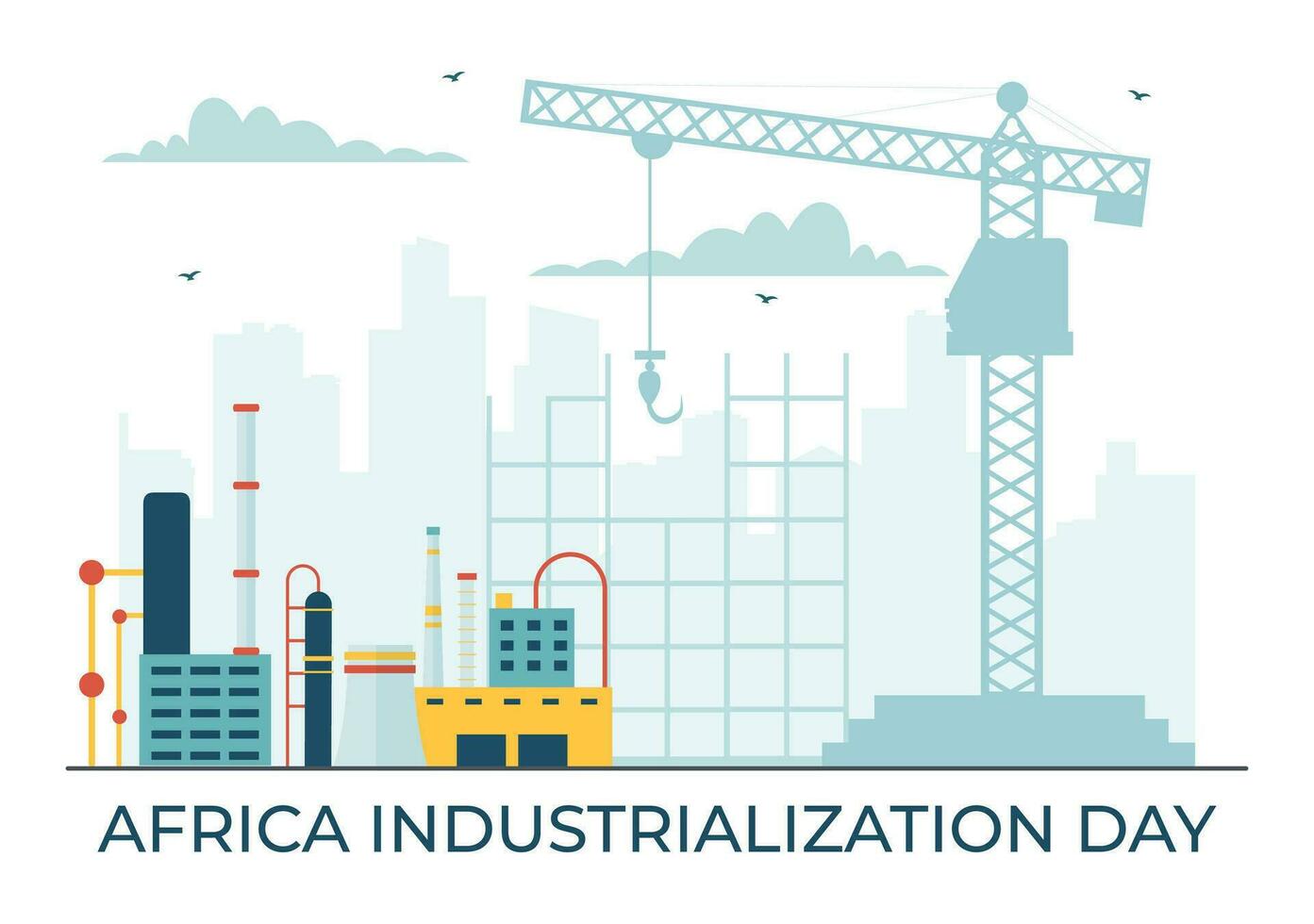 africano industrialización día vector ilustración de fábrica edificio operando con chimeneas en el centrar de el ciudad en plano dibujos animados antecedentes