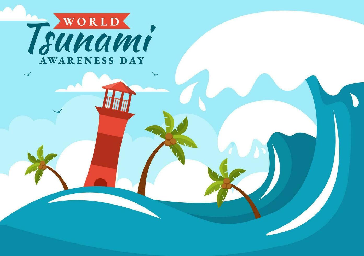 mundo tsunami conciencia día vector ilustración en 5 5 noviembre con olas golpear casas y edificio paisaje en plano dibujos animados antecedentes plantillas