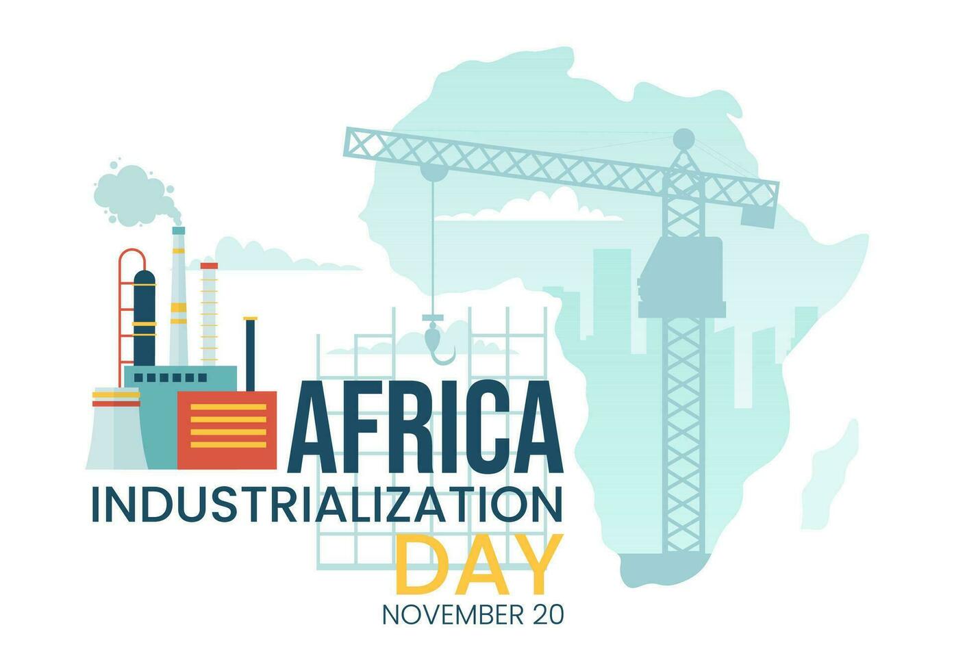 africano industrialización día vector ilustración de fábrica edificio operando con chimeneas en el centrar de el ciudad en plano dibujos animados antecedentes