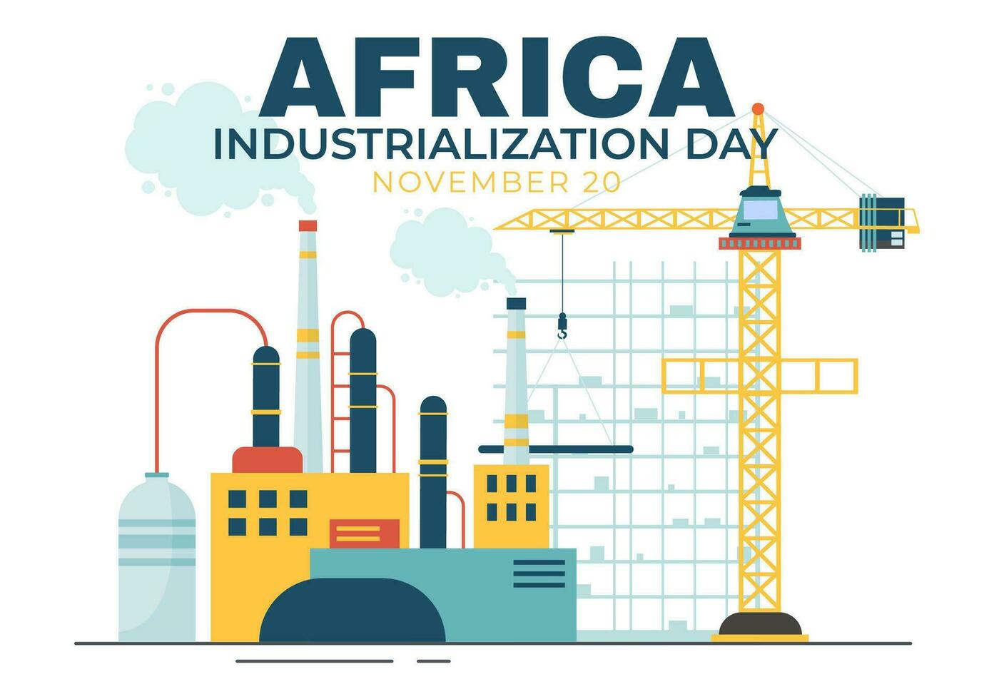 africano industrialización día vector ilustración de fábrica edificio operando con chimeneas en el centrar de el ciudad en plano dibujos animados antecedentes