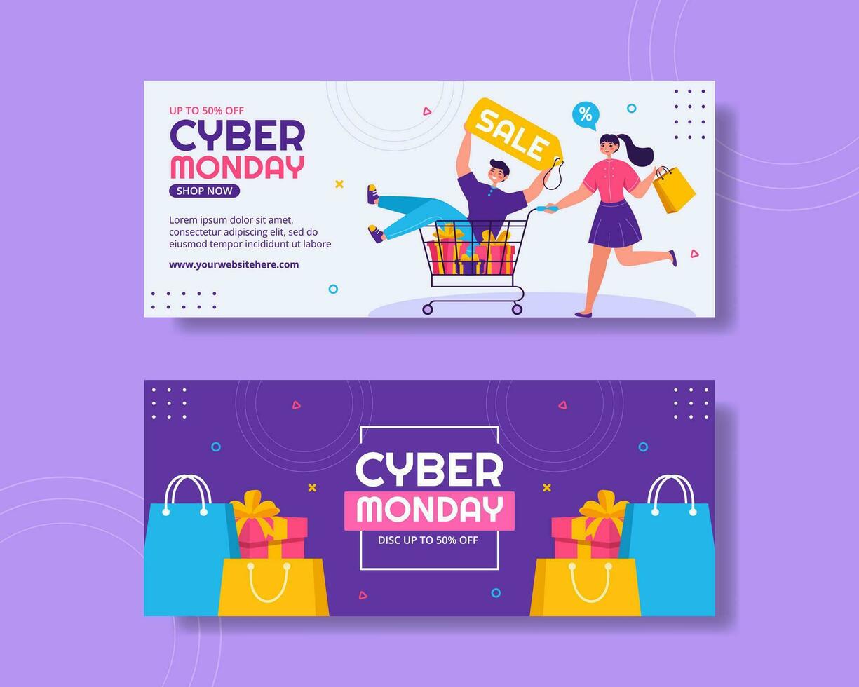 Cyber Monday Event Horizontal Banner Flat Cartoon Hand Drawn Templates Background Illustration vector