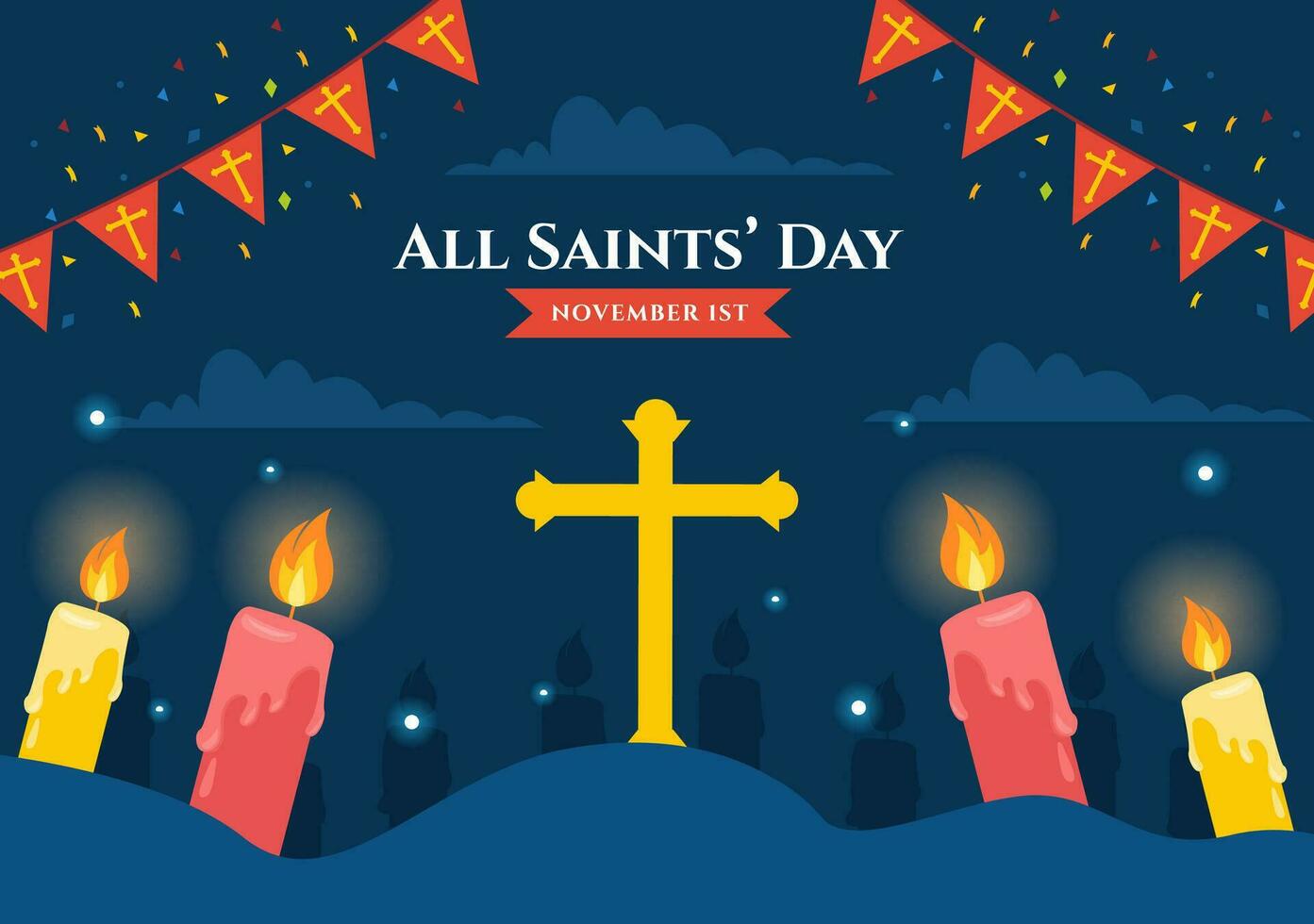 All Saints Day Vector Illustration on 1st November with for the All Souls Remembrance Celebration with Candles in Flat Cartoon Background Design