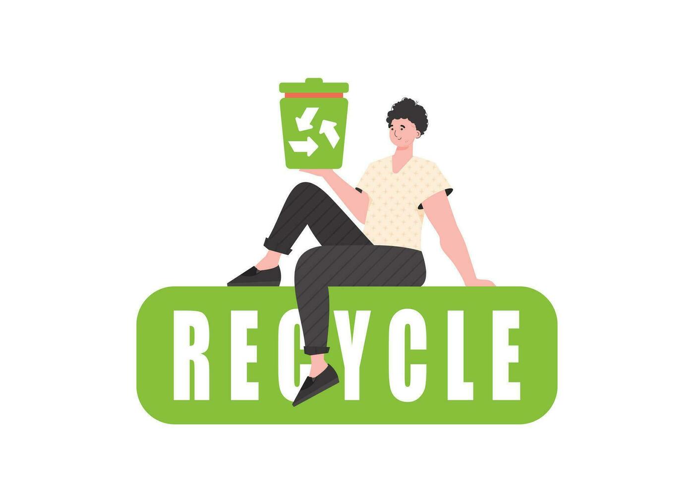 A man sits and holds an urn in his hands. The concept of recycling and zero waste. Isolated. Vector illustration.