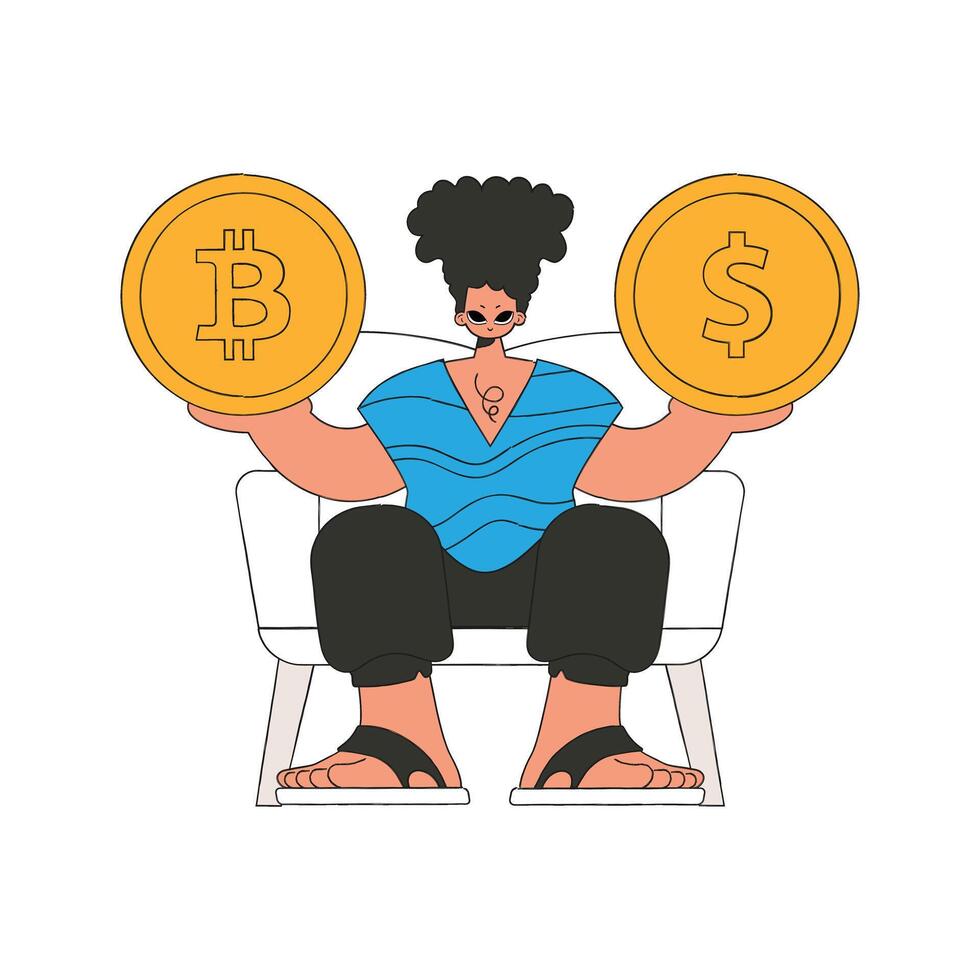 A man holds a coin of bitcoin and dollar in his hands. Rentro style character. vector